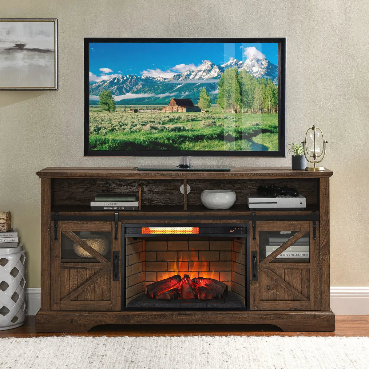 Electric fireplace insert with realistic flame effect and logs