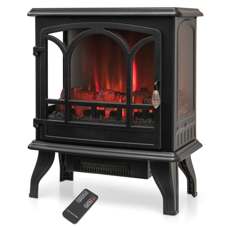  Front view of 1400W electric fireplace stove heater with 3-sided flame effect