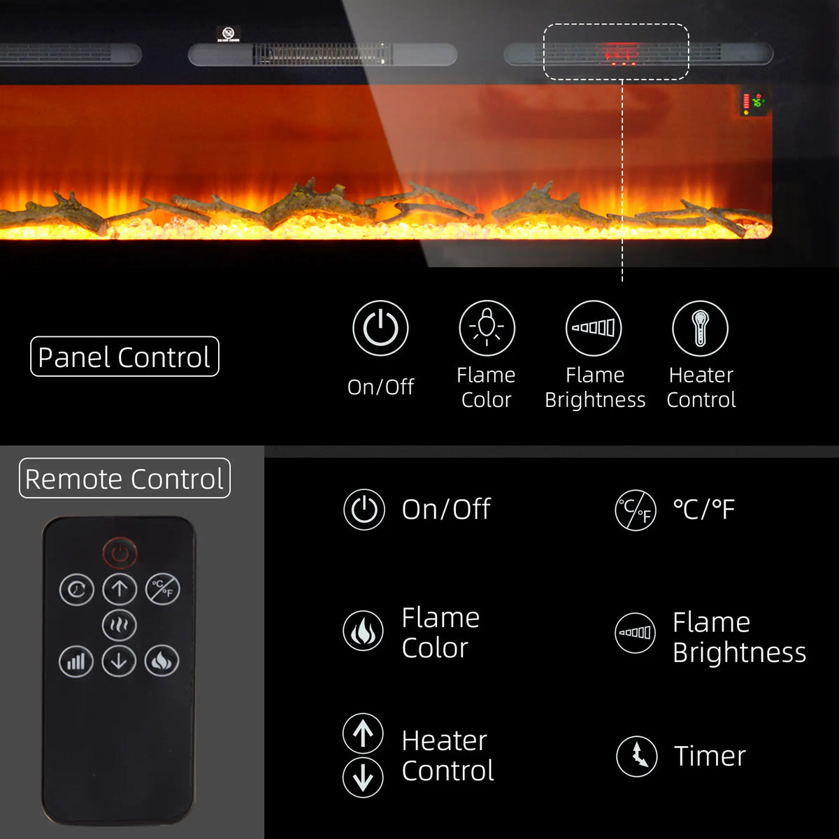 1500W electric wall fireplace with ten flame colors