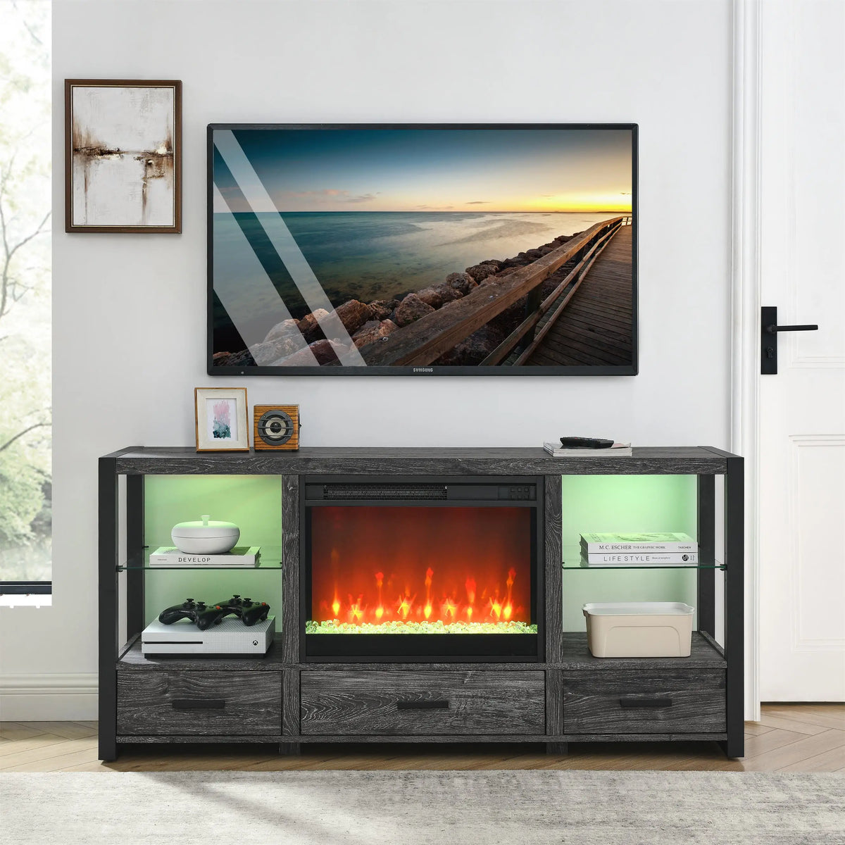23" electric fireplace insert with realistic flame effect and antique black finish.