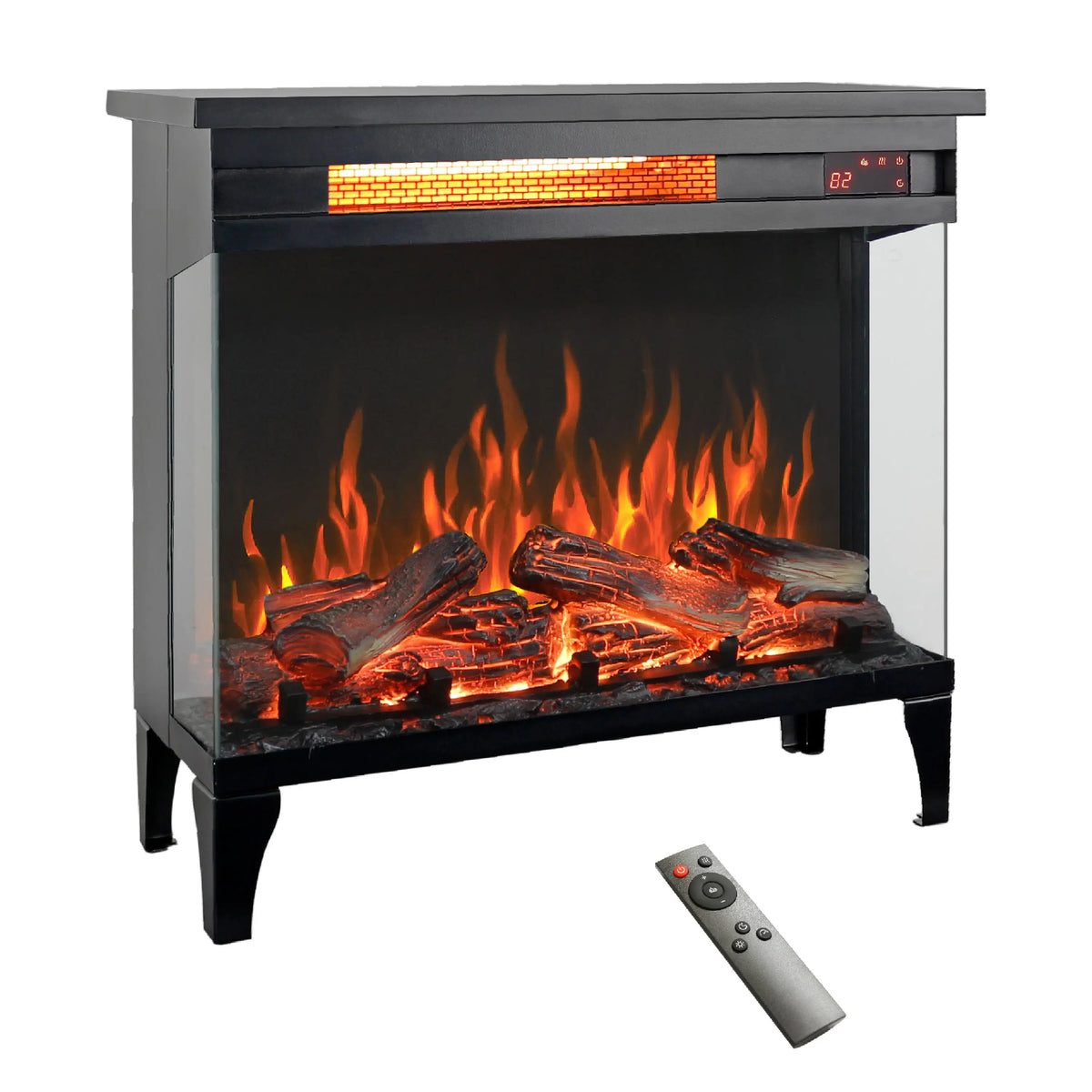 24-inch freestanding 3-sided glass electric fireplace in antique black.