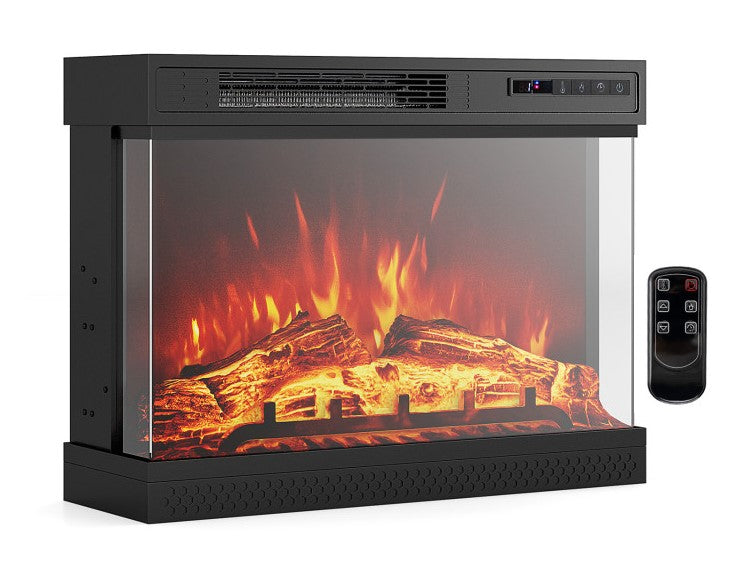 24 Inch 3-Sided Glass Electric Fireplace Heater | Panoramic Flame View, Remote Control | Wall-Mounted Electric Fireplace for Living Room