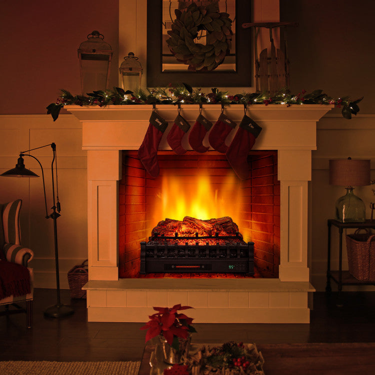 Front view of 26-inch infrared electric fireplace with pinewood ember bed