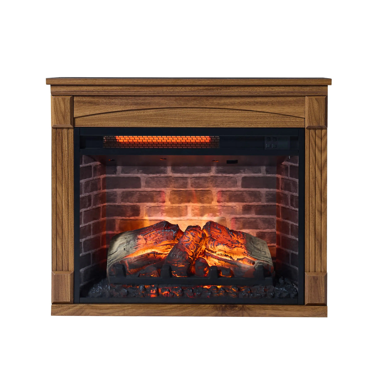 28-inch electric fireplace media center with dark oak finish and realistic flame effect.
