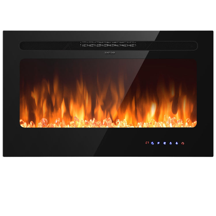 Front view of 36 inch electric fireplace wall mounted insert with realistic flame