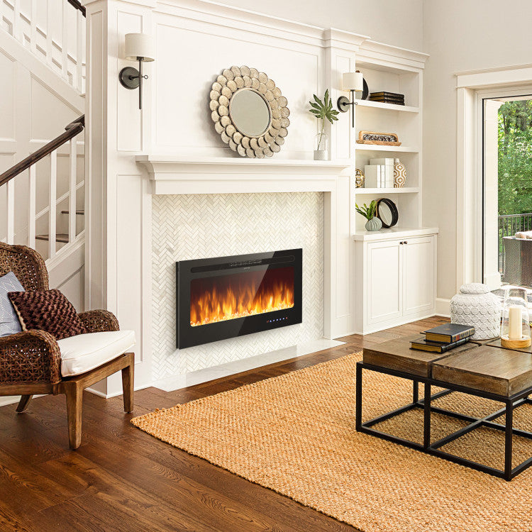 Electric fireplace displaying 9 flame color options with crystal bed