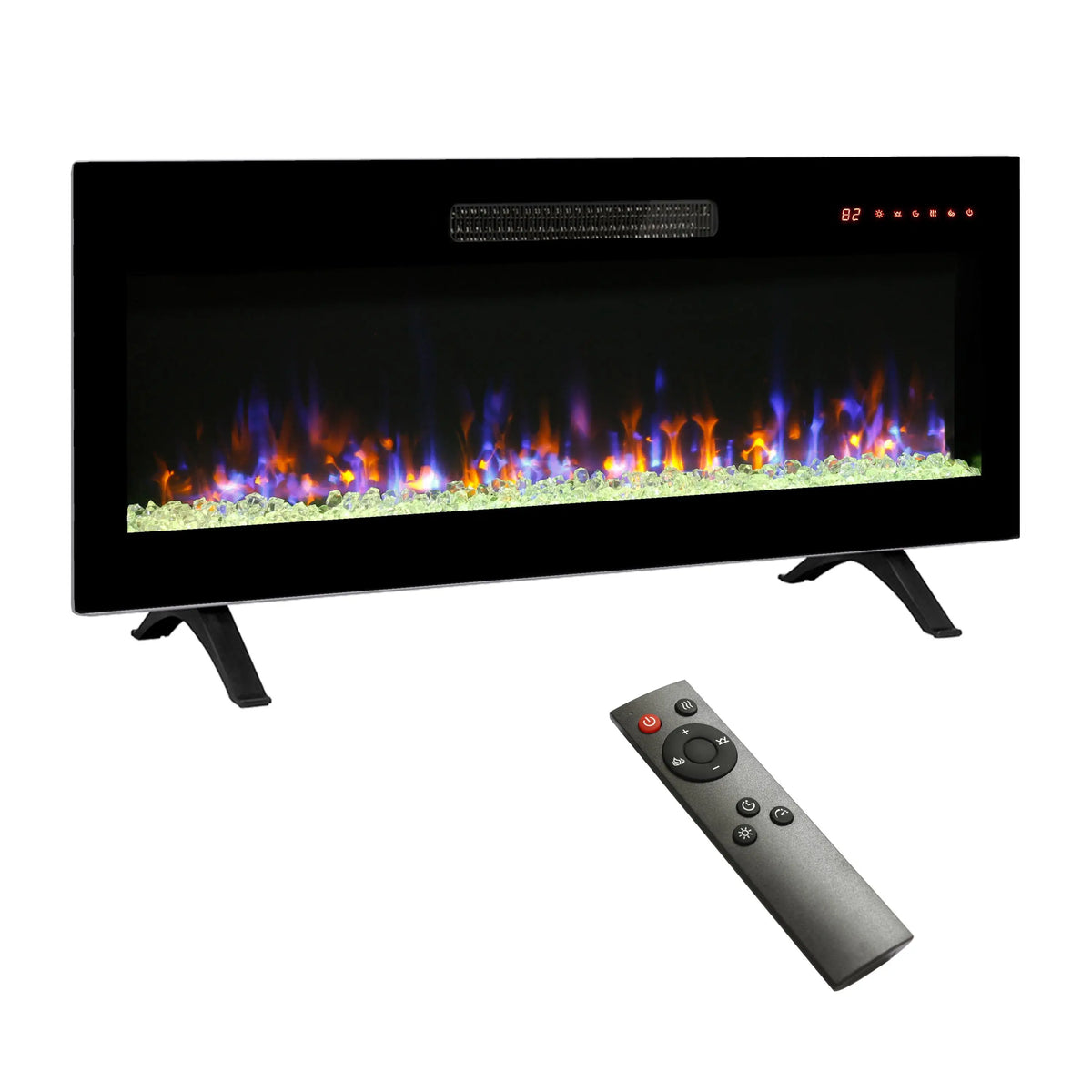 42" wall-mounted electric fireplace with multi-color flame effect.
