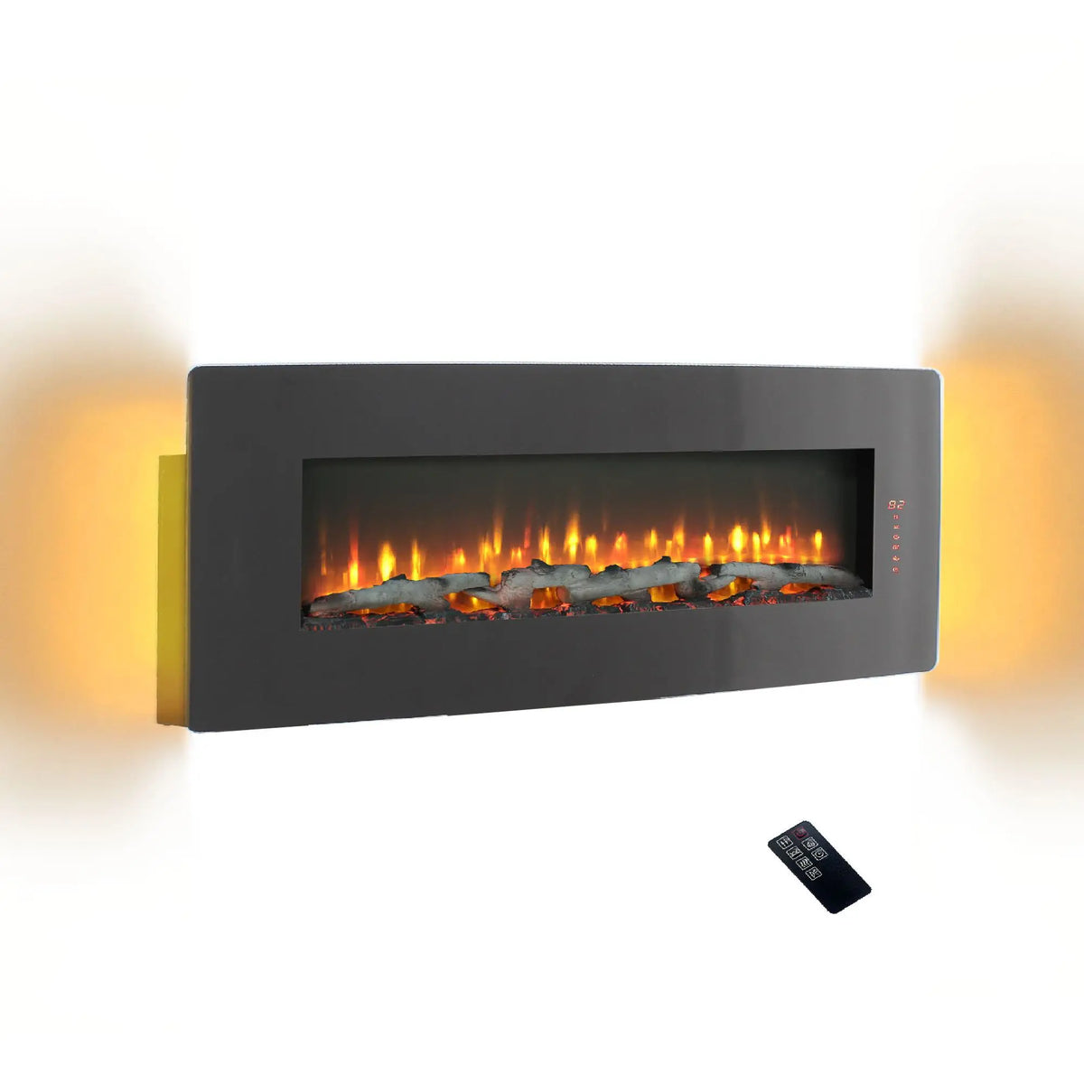 48" curved wall-mounted electric fireplace with antique black finish.