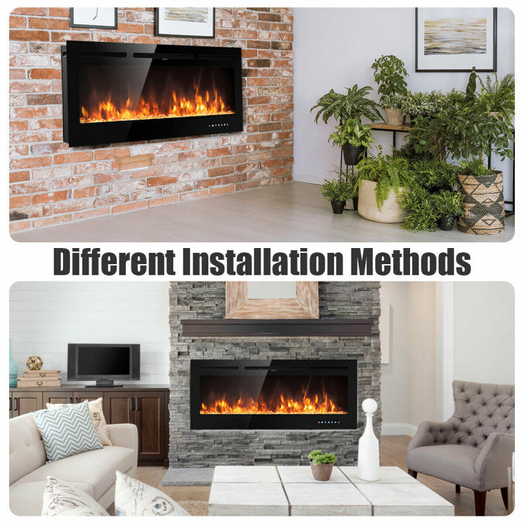Text: Flat wall electric fireplace insert in modern living room setting