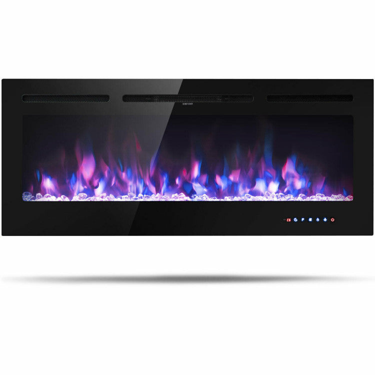 Front view of 50 inch recessed electric fireplace insert with LED flames