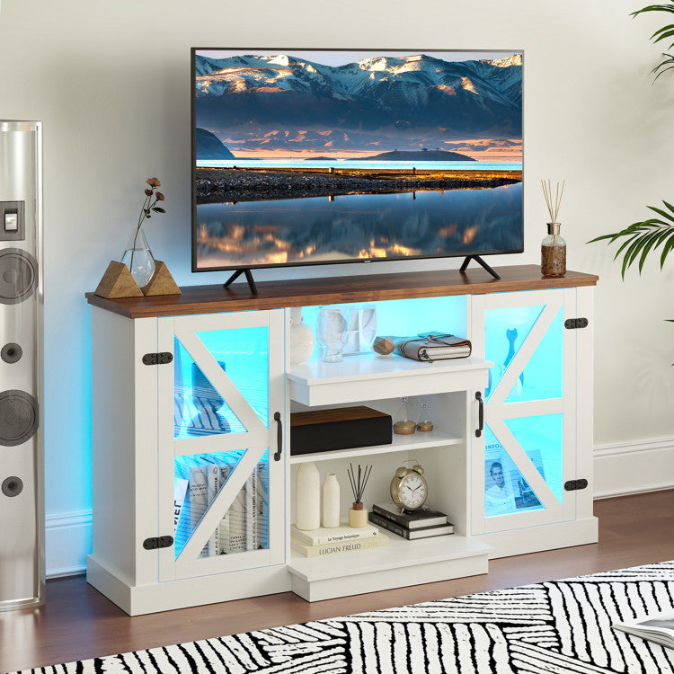 59 Inch TV Unit with Fireplace Built-In – Media Console Table with LED Lighting, Adjustable Shelves & Storage – Fireplace Entertainment Center for 65 Inch TV