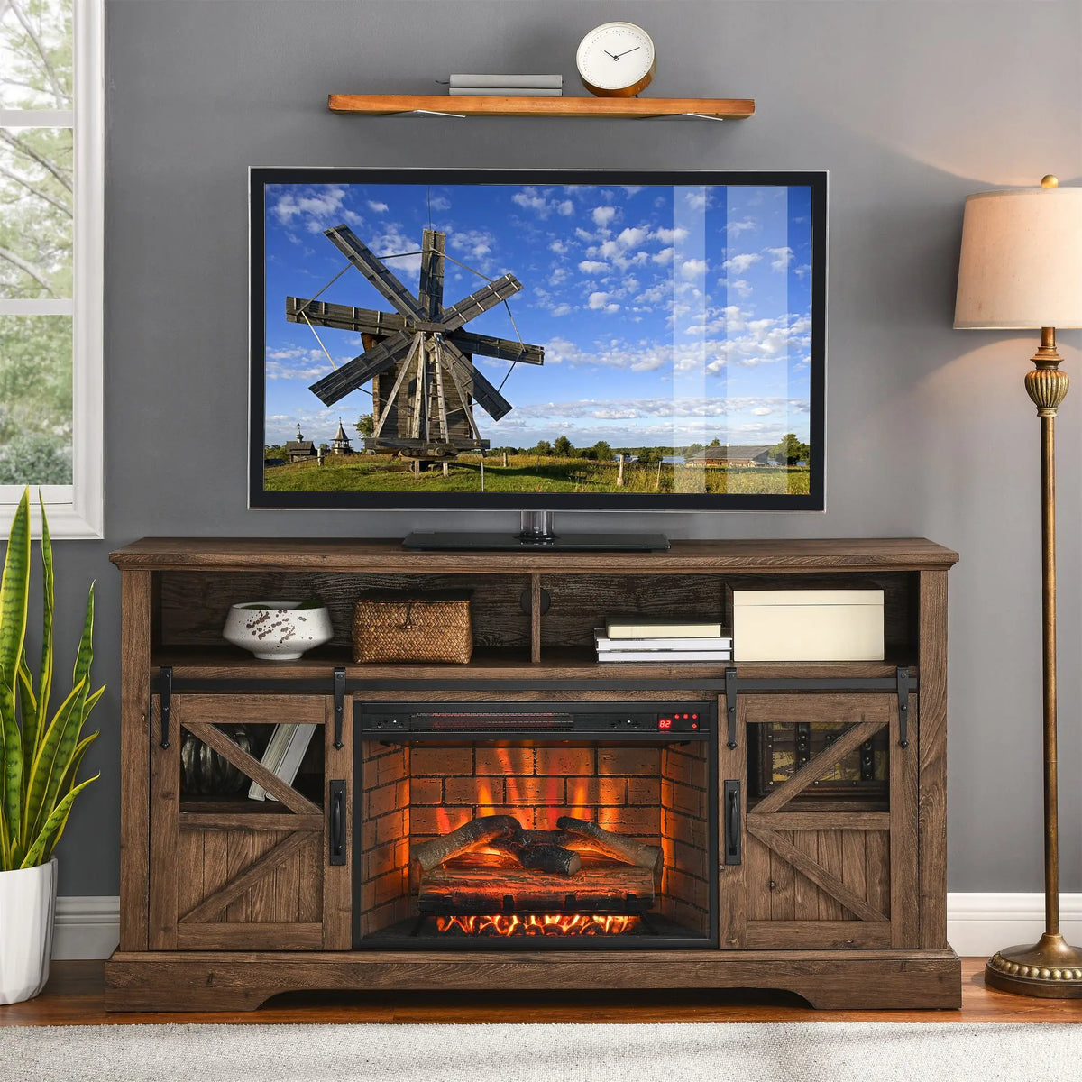 60-inch electric fireplace entertainment center in brwon with storage shelves