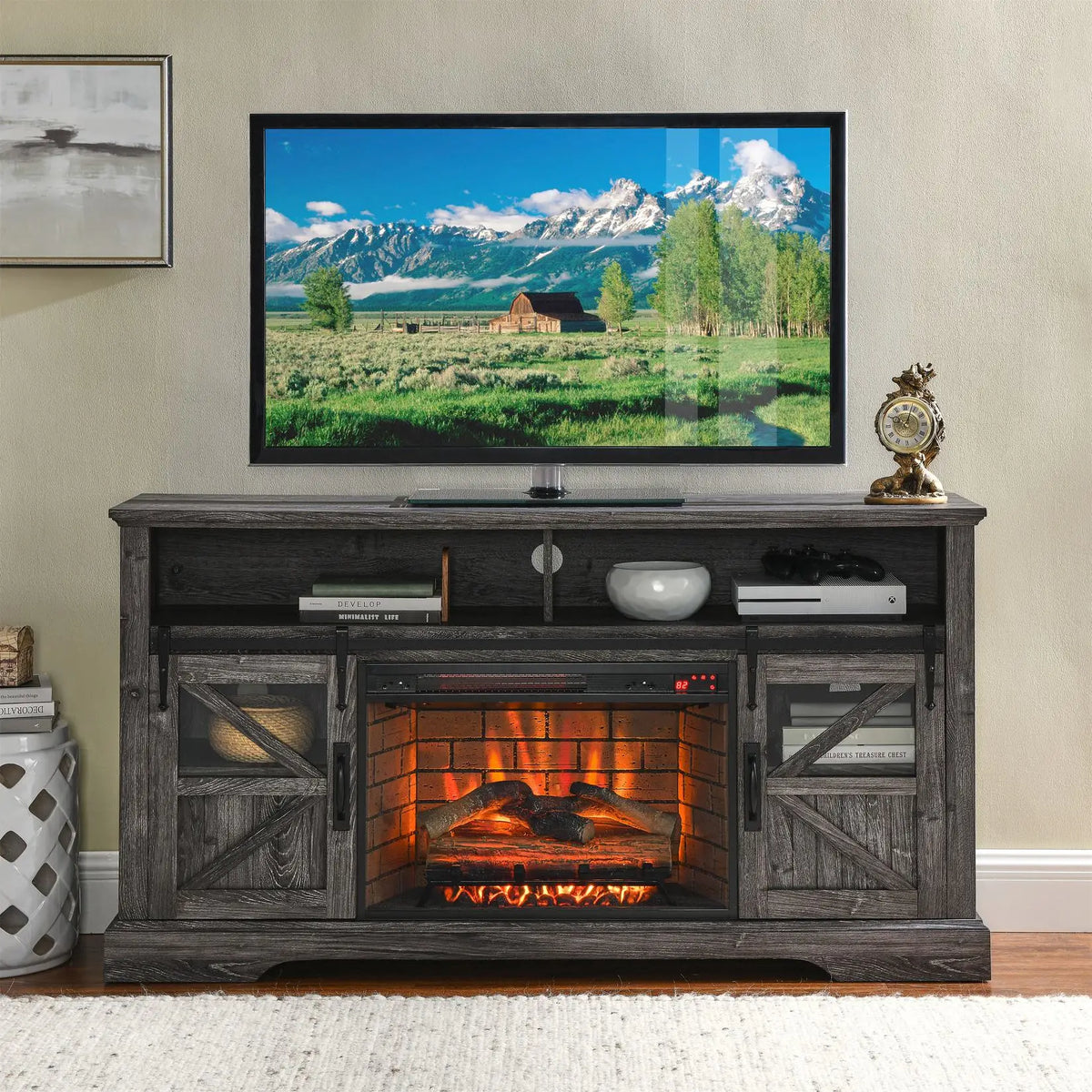 60-inch electric fireplace entertainment center in dark oak with storage shelves