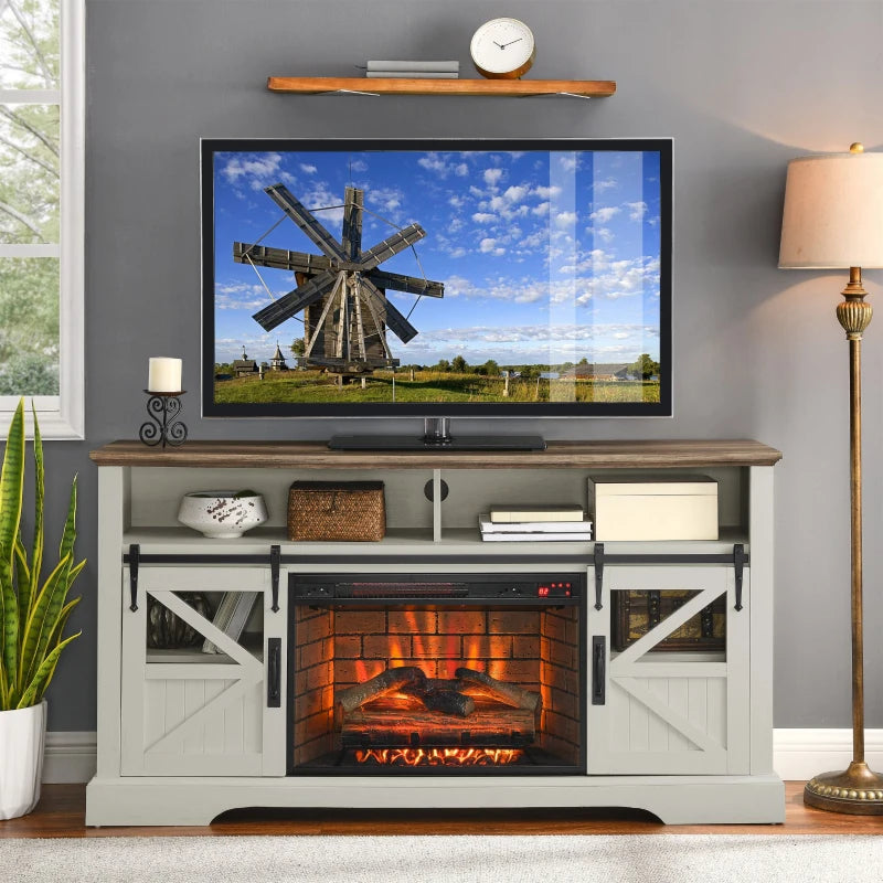 60-inch electric fireplace entertainment center in white with storage shelves