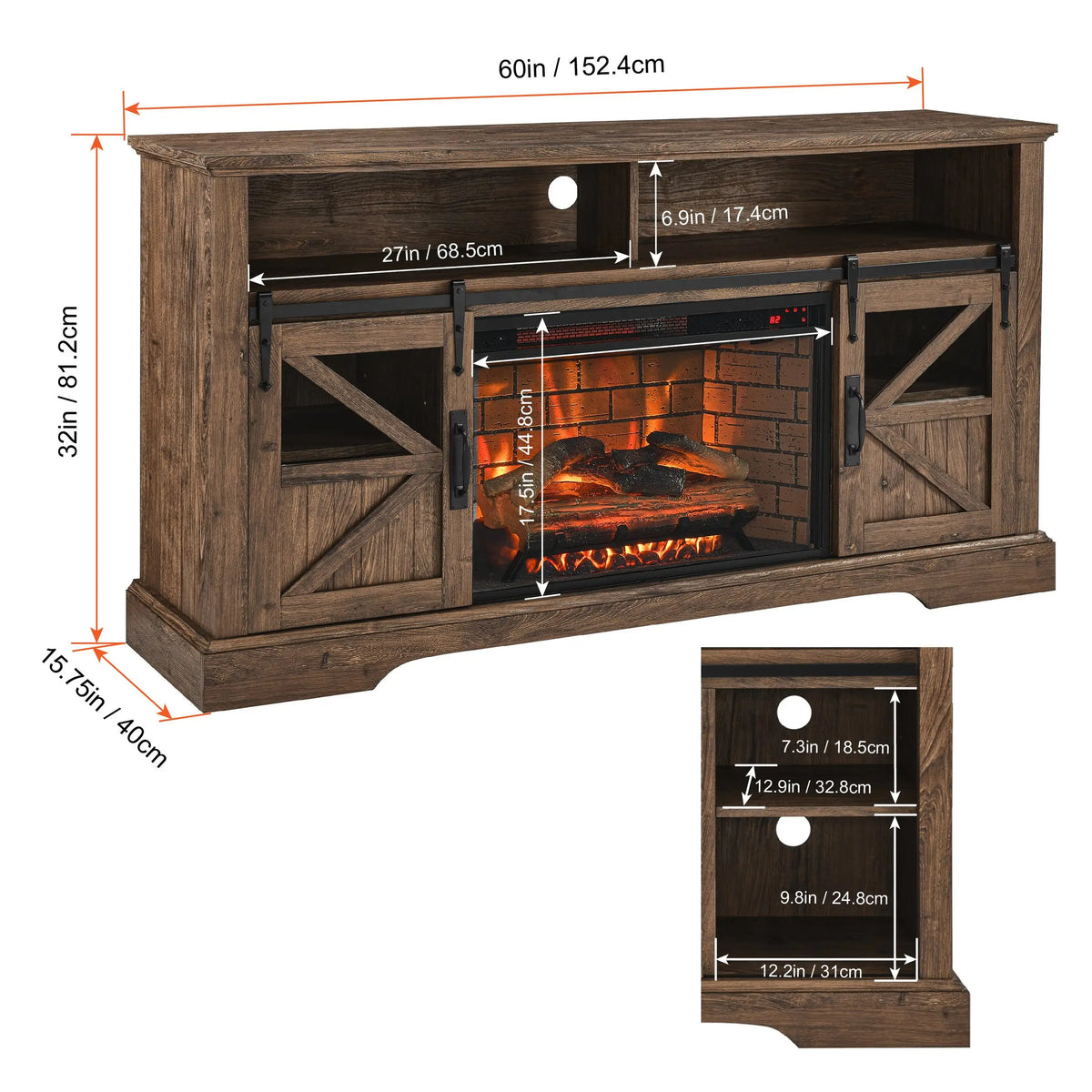 Brown 60-inch fireplace media console with remote control
