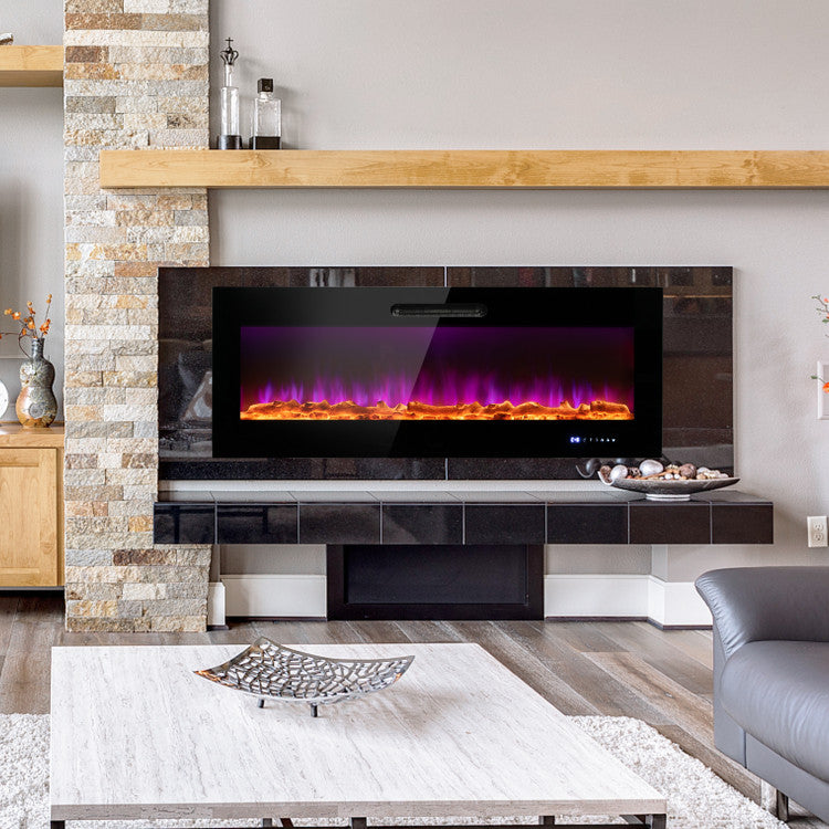 60 inch recessed electric fireplace installed flush in drywall