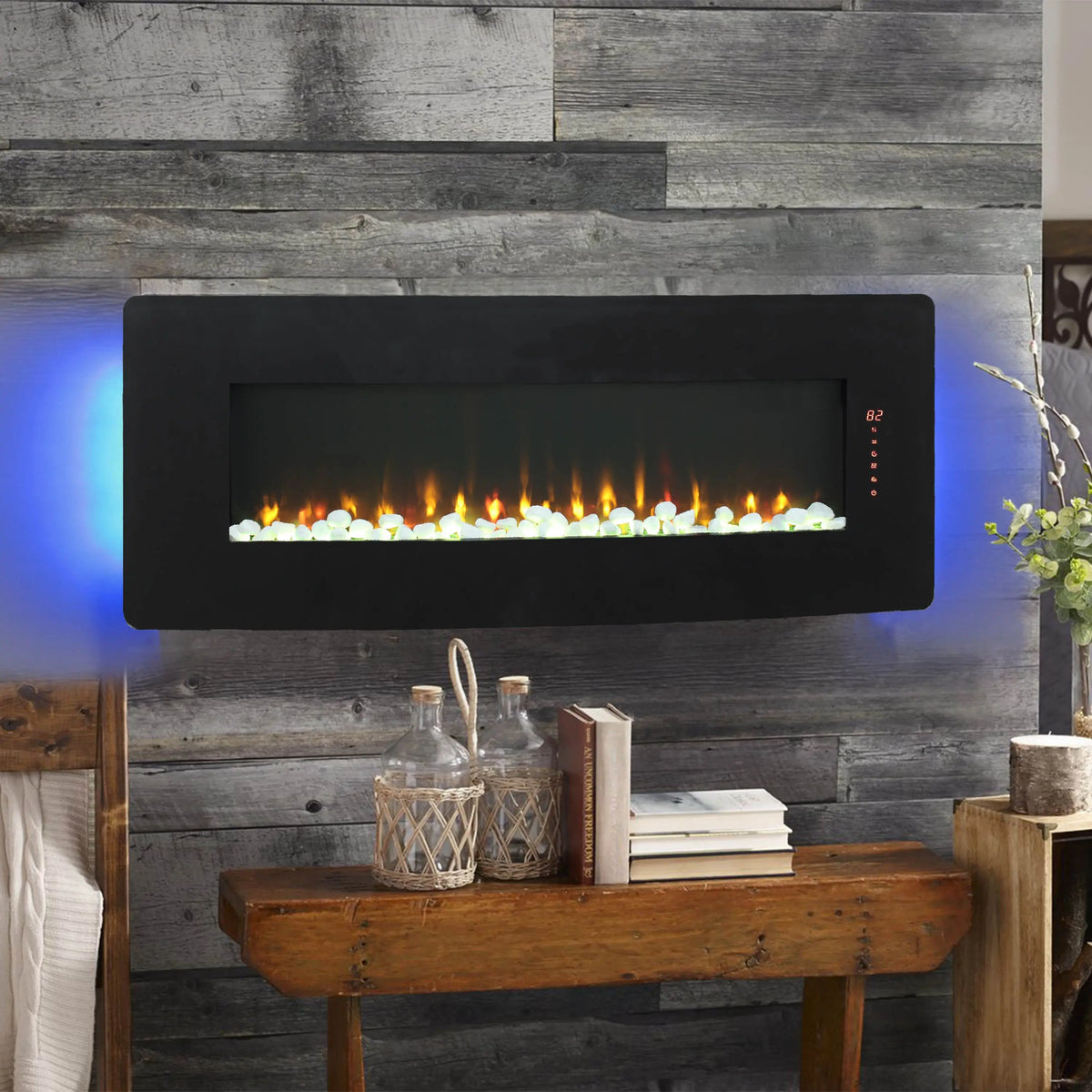 Adjustable multi-color backlight with four color settings on wall-mounted fireplace.