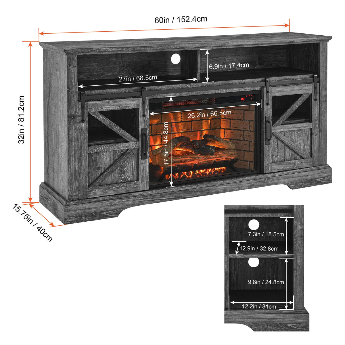 Electric fireplace TV unit with adjustable flame brightness
