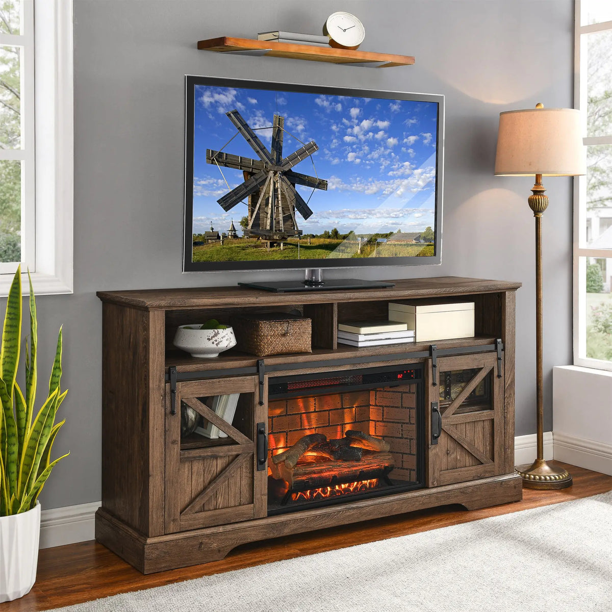 Electric fireplace TV unit with adjustable flame brightness