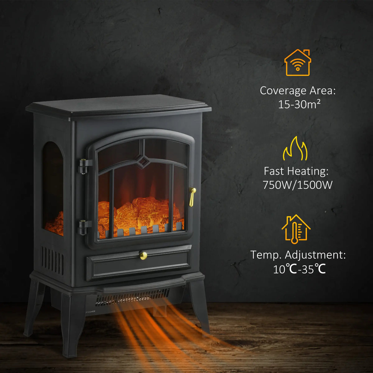 Electric fireplace with adjustable flame brightness.