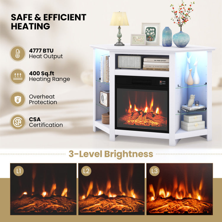Adjustable tempered glass shelves in fireplace TV stand