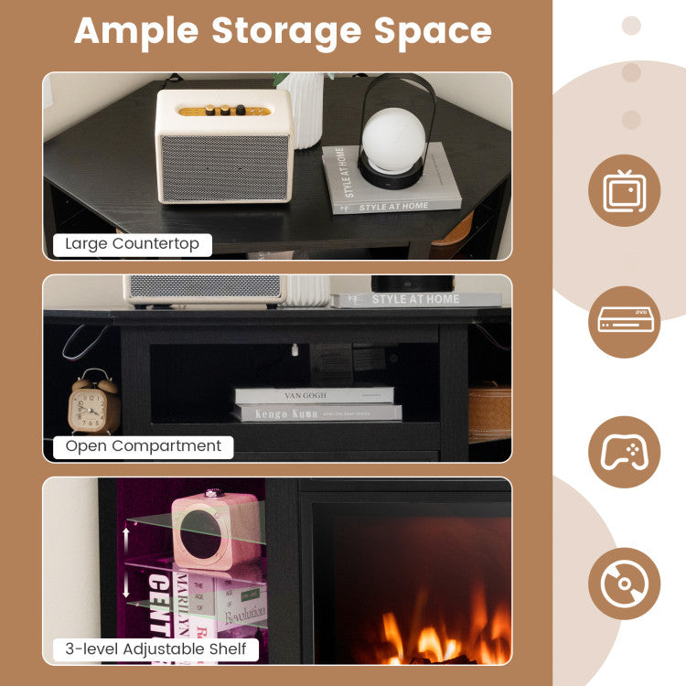 Adjustable tempered glass shelves in fireplace TV stand