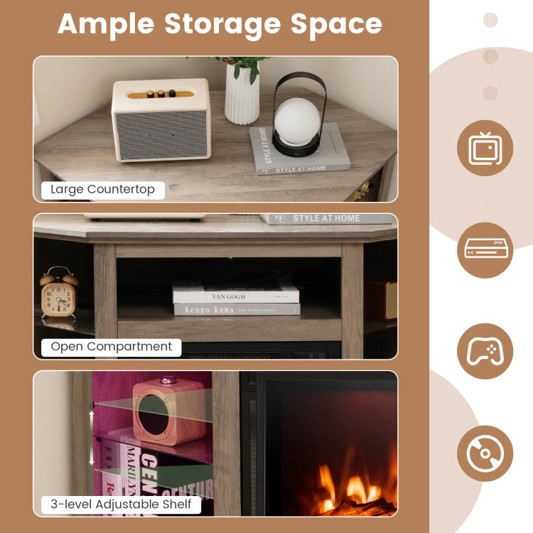 Adjustable tempered glass shelves in fireplace TV stand