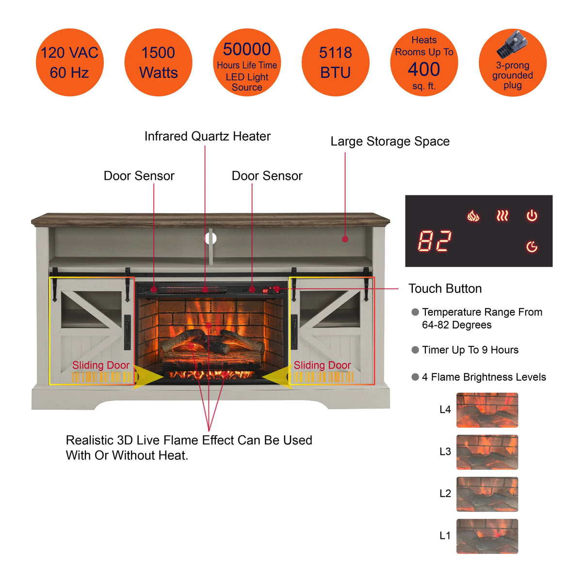 Farmhouse style TV stand with built-in electric fireplace