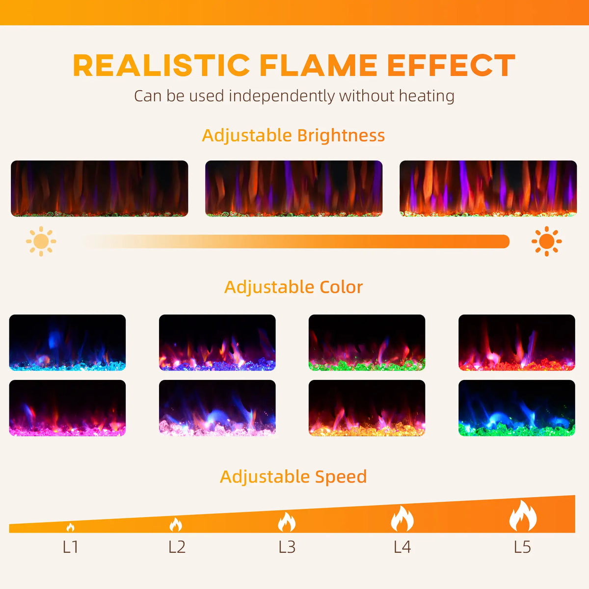 Ultra-thin 1500W electric fireplace with energy-efficient heating.