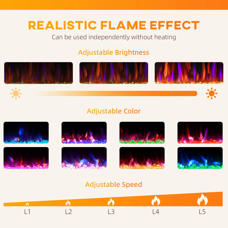 Ultra-thin 1500W electric fireplace with energy-efficient heating.