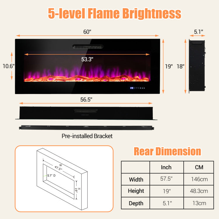 Wall hanging electric fireplace with black frame finish