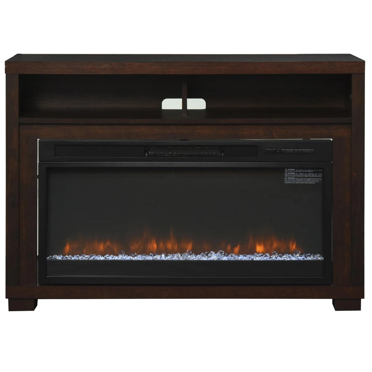 Brown TV cabinet with an electric fireplace and storage.