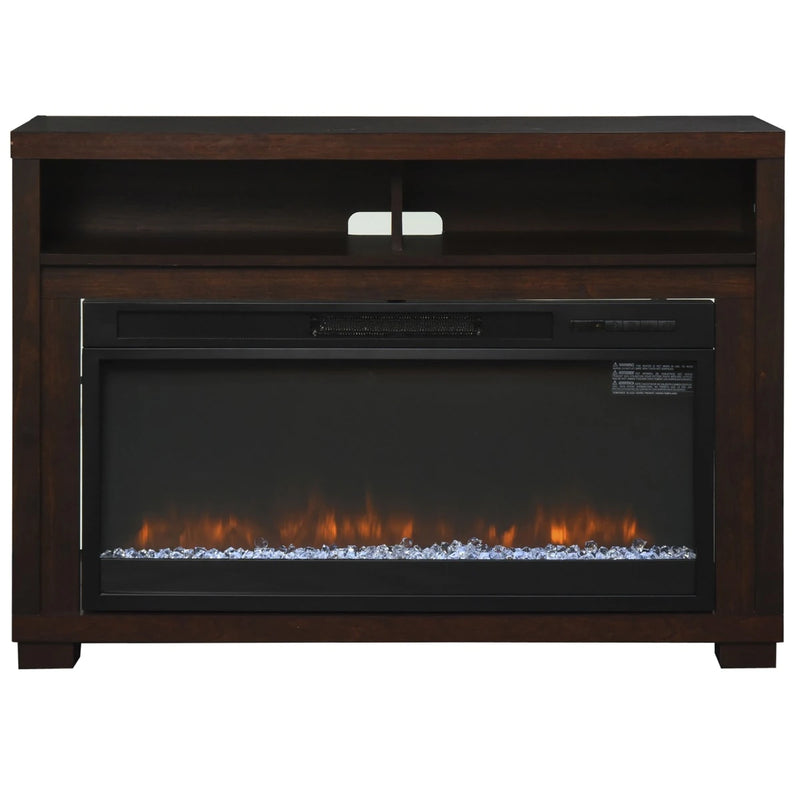 Brown TV cabinet with an electric fireplace and storage.