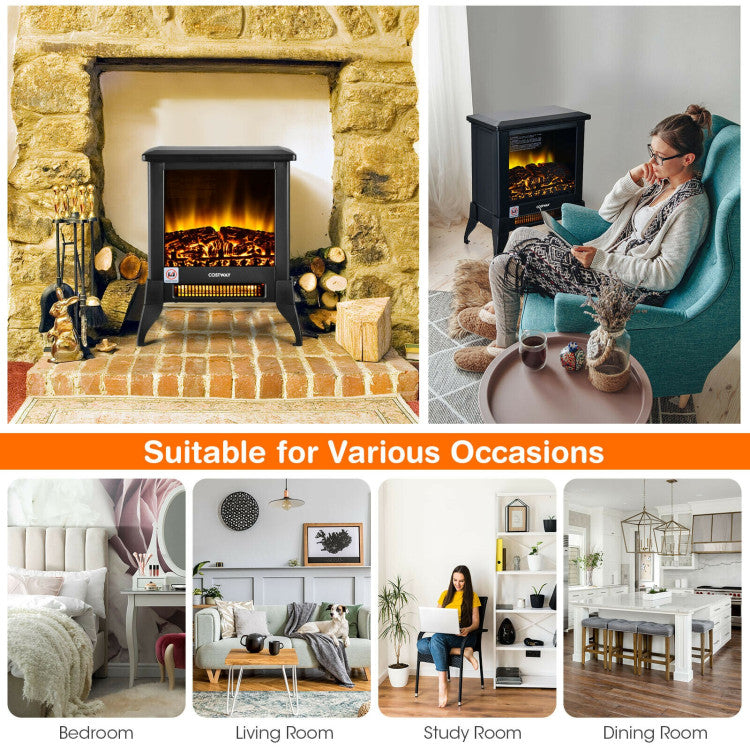 Compact freestanding electric fireplace heater with realistic LED flame effect for cozy indoor ambiance