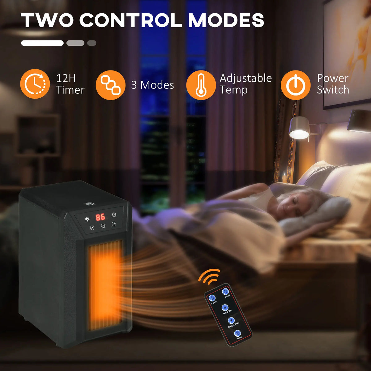 Compact electric heater with adjustable thermostat and timer.