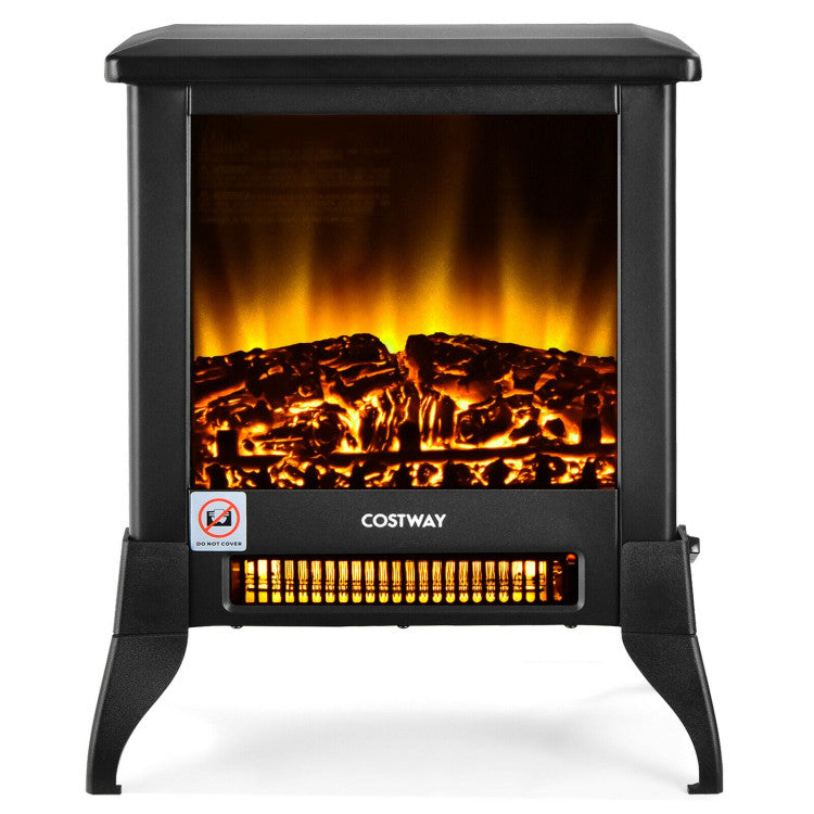 Compact freestanding electric fireplace heater with realistic flame effect