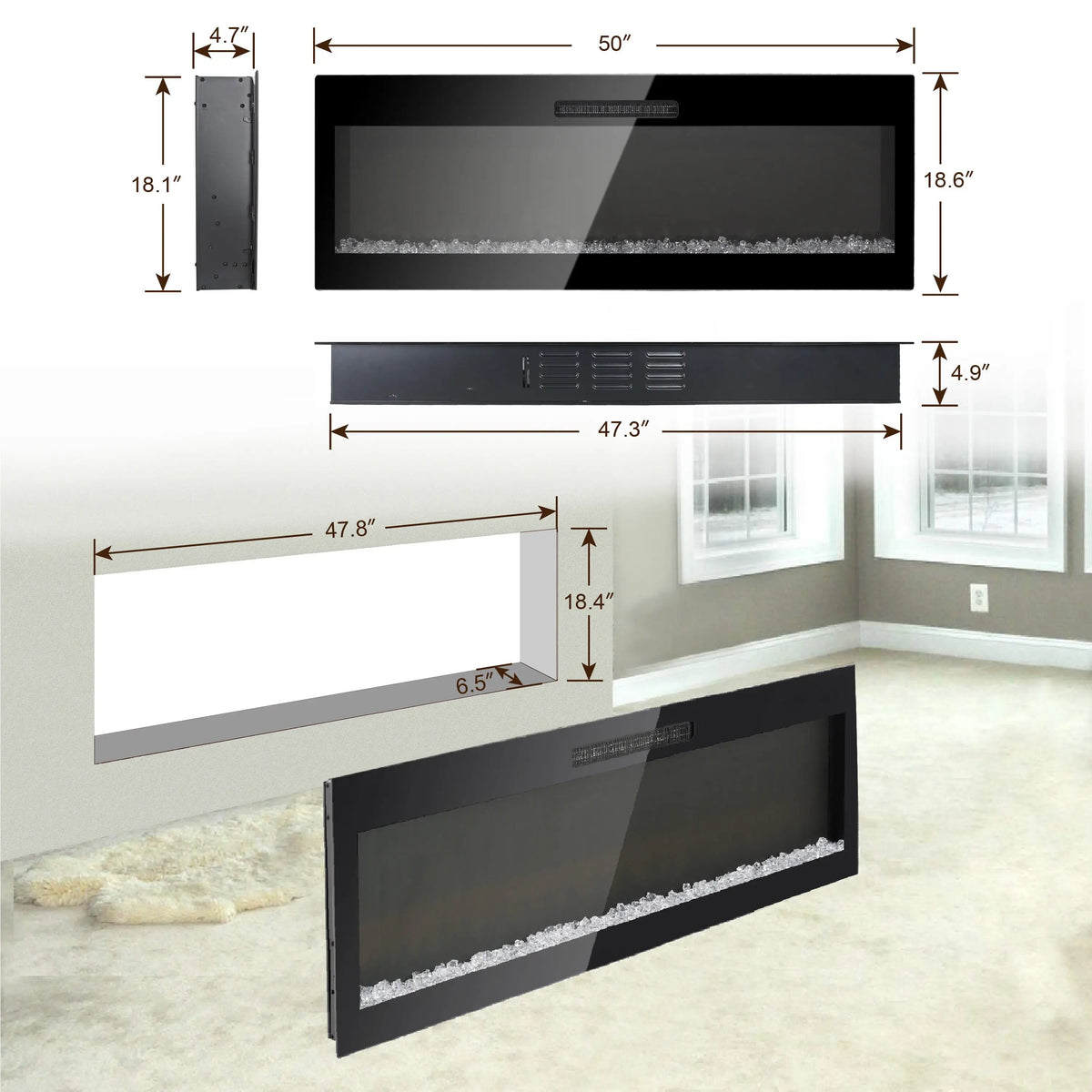 Corner entertainment center with built-in electric fireplace.