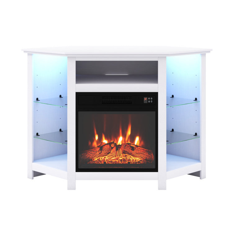 Corner electric fireplace TV stand front view with LED lights