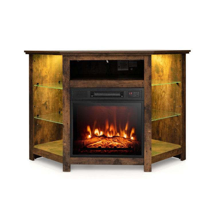 Corner electric fireplace TV stand front view with LED lights
