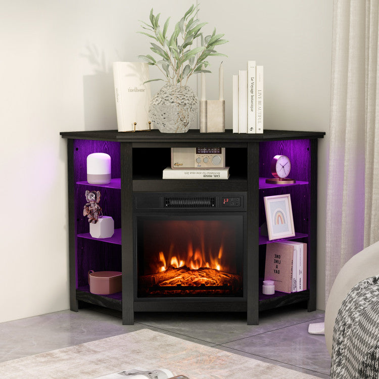 Corner electric fireplace TV stand front view with LED lights