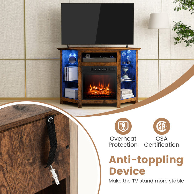 Corner electric fireplace TV stand front view with LED lights