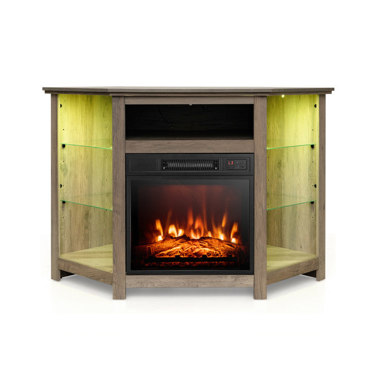 Corner electric fireplace TV stand front view with LED lights