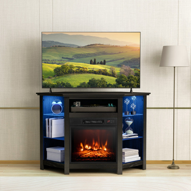 Cable management system on corner TV stand with fireplace