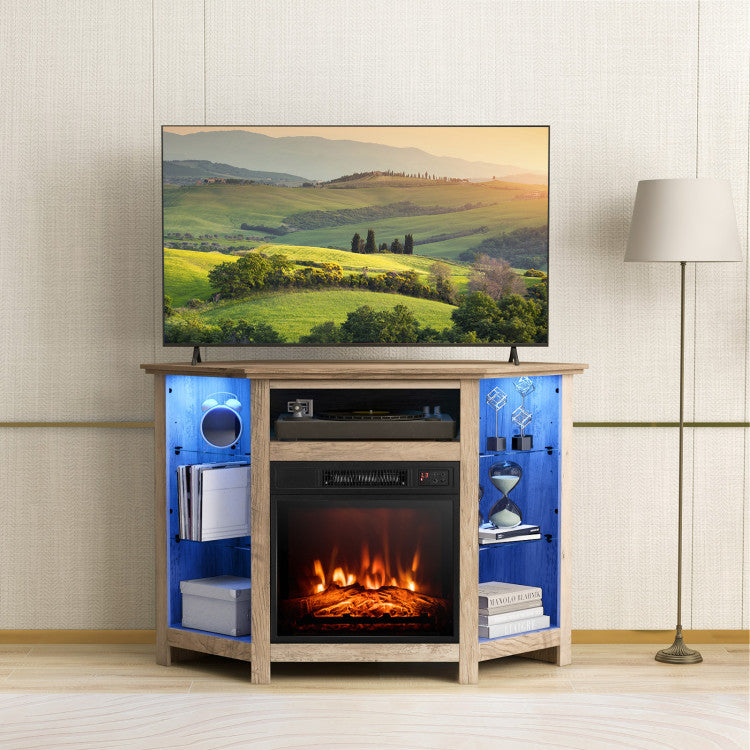 Cable management system on corner TV stand with fireplace