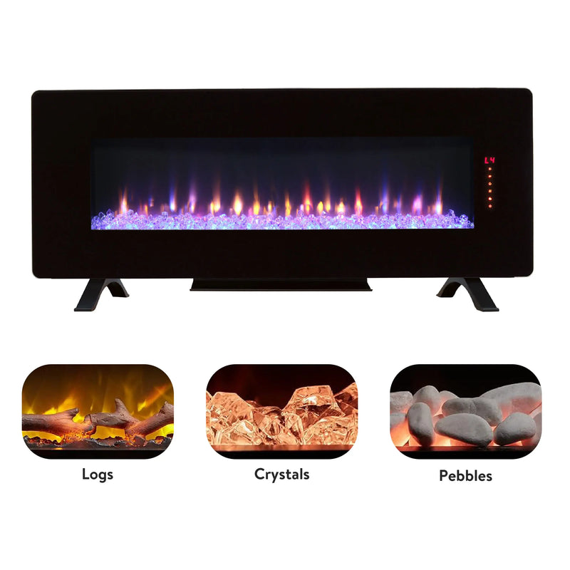 Curved front electric fireplace wall unit with stylish modern design.