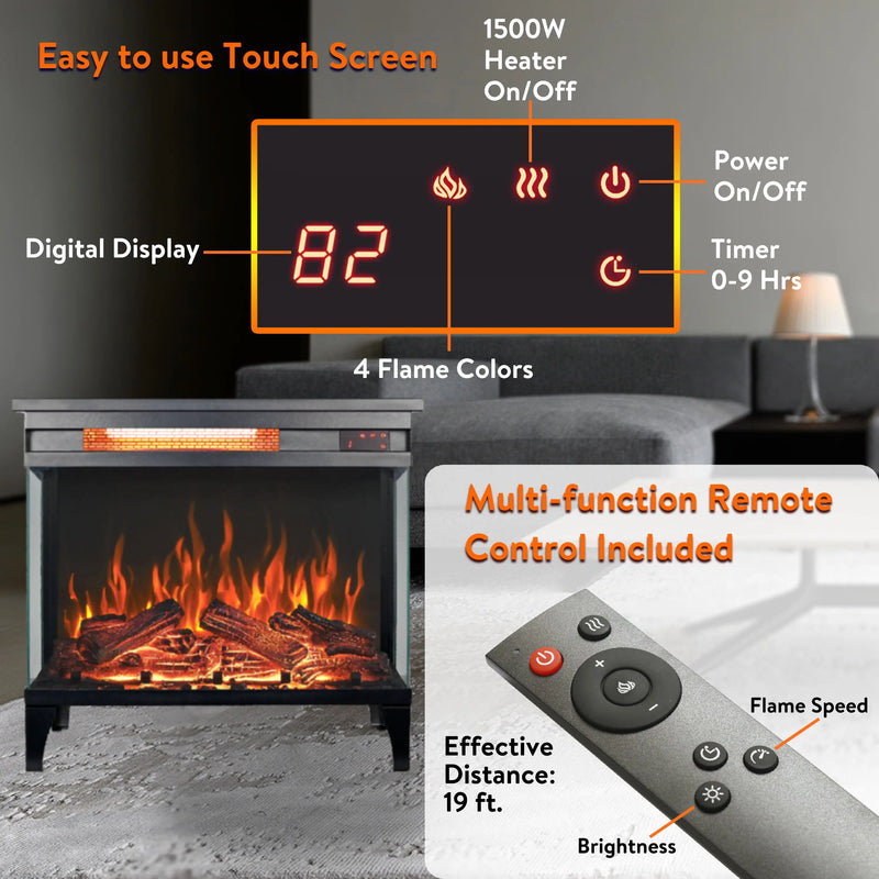 Customizable flame effects with multiple colors and brightness levels in electric fireplace.