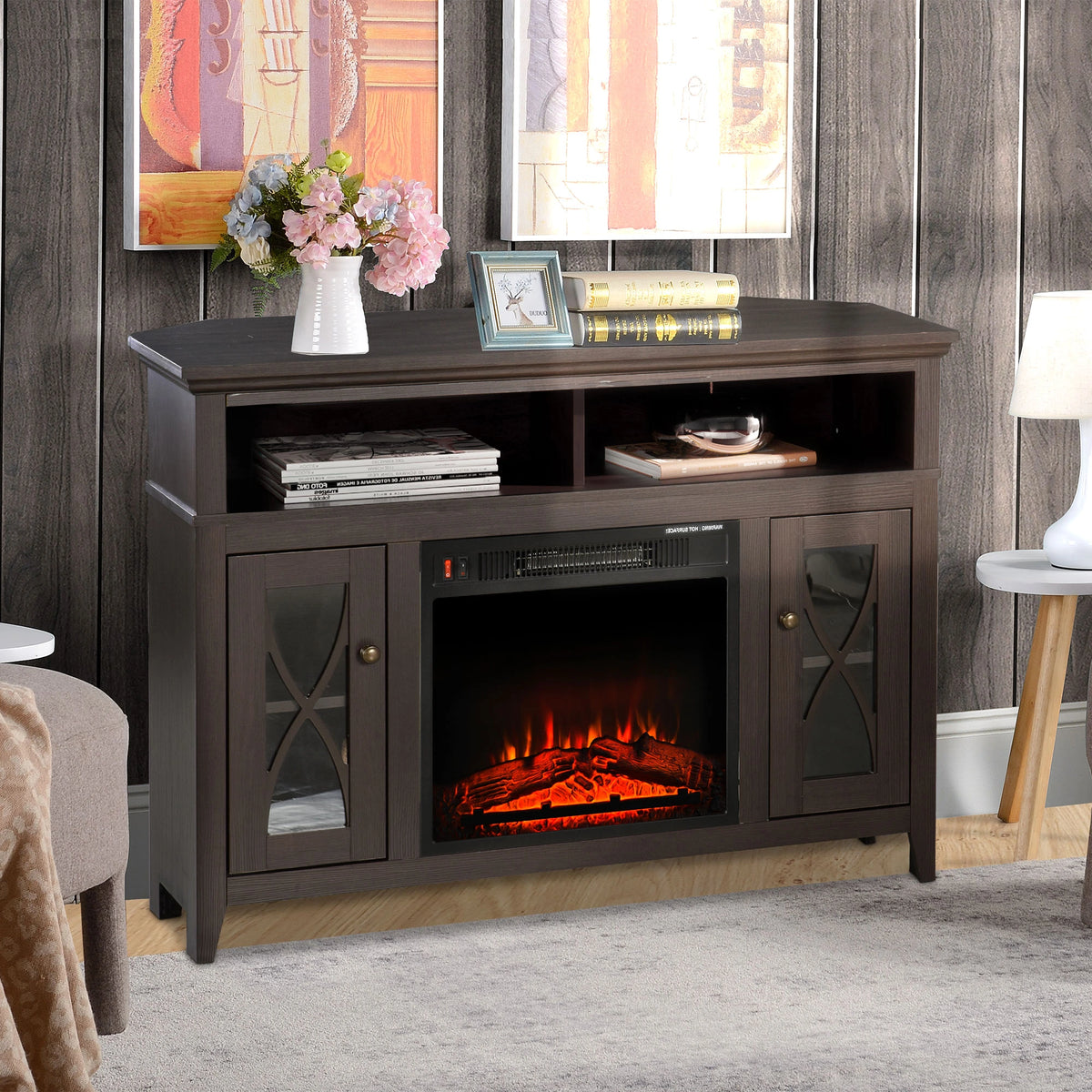 Dark Brown TV Cabinet with Built-in Fireplace & Heat