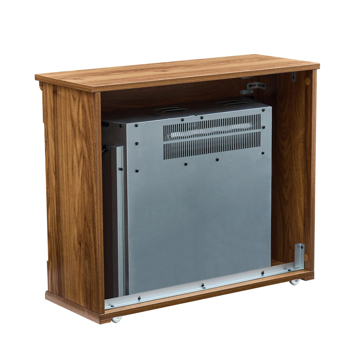 Dark oak media cabinet with electric fireplace, perfect for home décor.