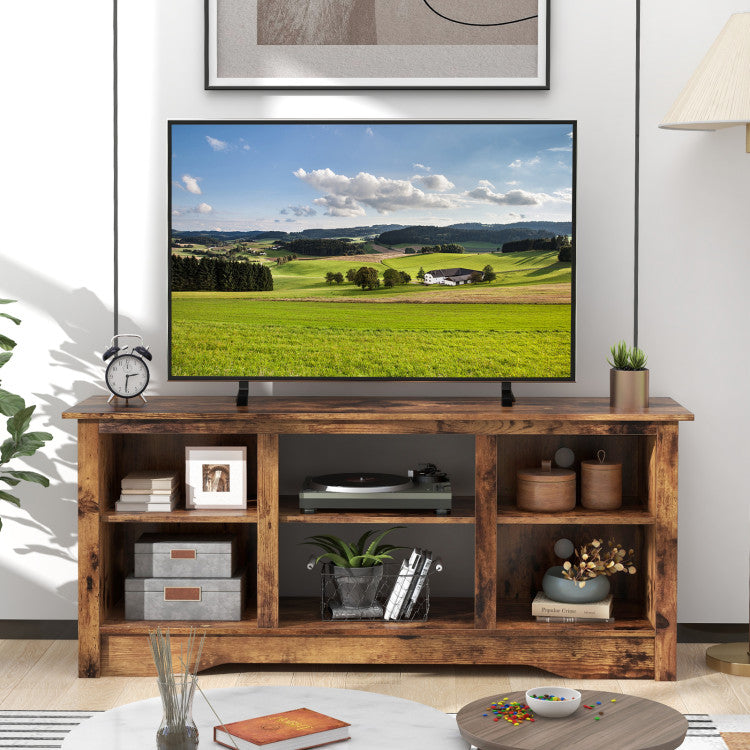 Dark wood TV stand with built-in fireplace space