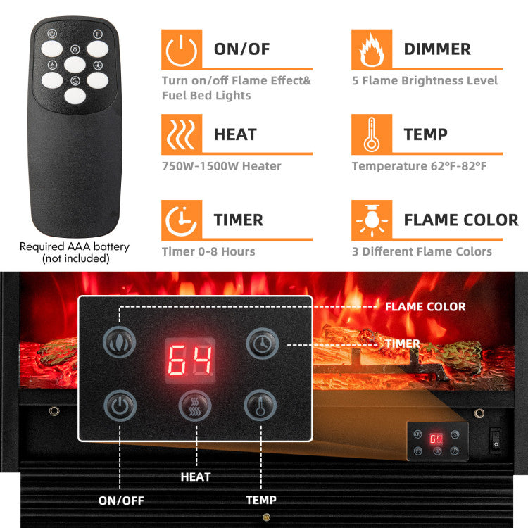 750W and 1500W heat modes in recessed electric fireplace